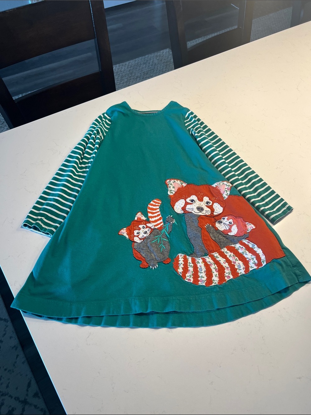 Mini Boden Teal Green Dress with Striped Sleeves and Red Panda Appliqué size 7-8